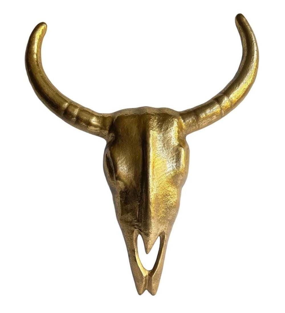 Vintage Mid-Century Gold Tone Cast Metal Longhorn Bull Skull Wall Decor